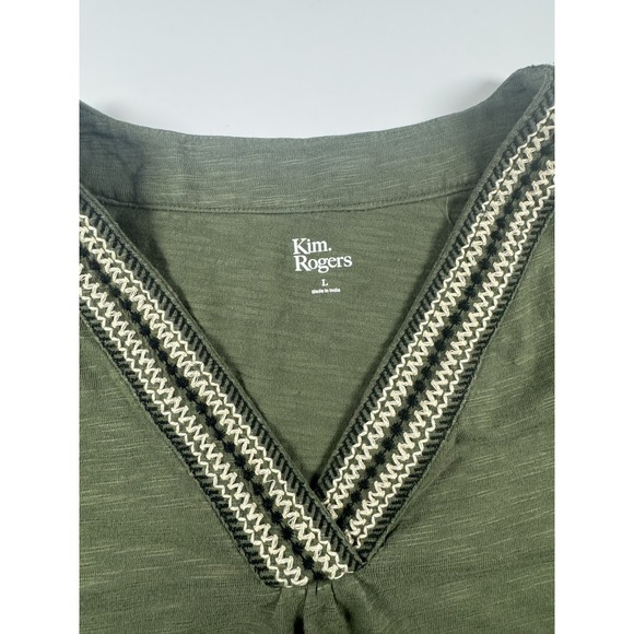 Kim Rogers Shirt Womens Large Green V Neck Embroidered Trim Short Sleeve Casual - Picture 3 of 4